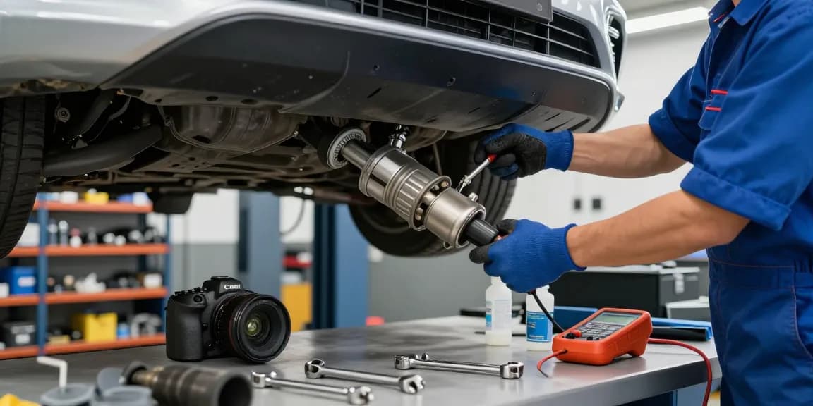 Mechaniker reinigt DPF in der Werkstatt - DPF reinigen und Inspektion durchführen